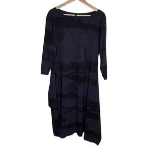 Porto Asymmetrical Midi Dress Womens 4 XL Black Blue Lagenlook 3/4 Sleeve